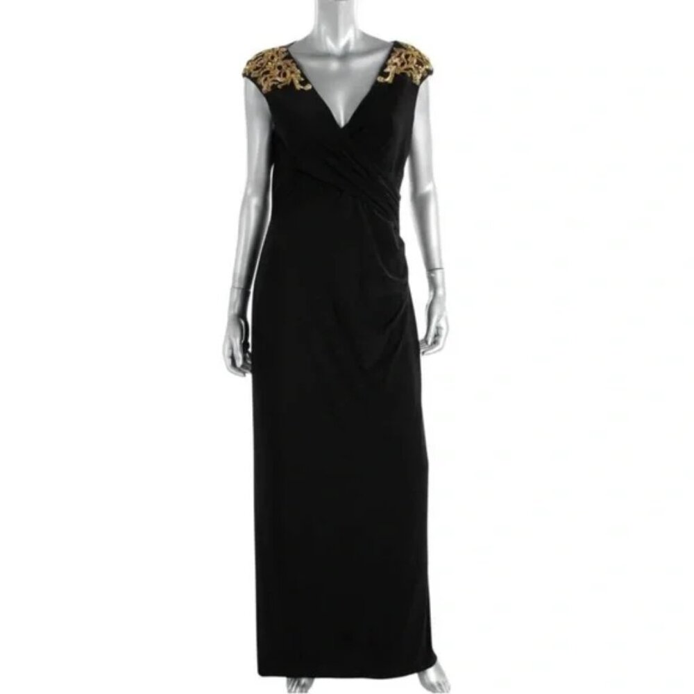 Lauren Ralph Lauren Black Evening‎ Gown with Gold Sequin Beading on Shoulders